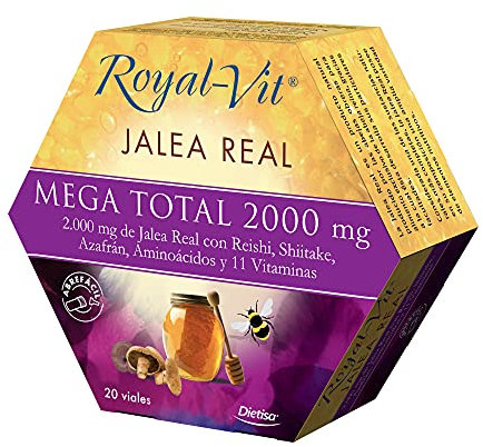 Dielisa - Royal Vit Jalea Real Mega total, Complemento Alimenticio con 2000mg de Jalea Real,Reishi, Shiitake, Aminoácidos y Vitaminas,Ayuda al Sistema Inmunológico y al Equilibrio Emocional - 20Viales