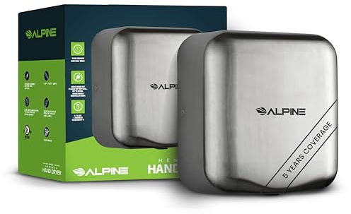 Alpine Industries 400-10-SSB Alpine Hemlock Automatic Hand Dryer - Heavy Duty Stainless Steel - Commercial High Speed Hot Air Hand Blower | 1800Watts | 110-120Volts | Quick & Easy Installation, Brushed Stainless Steel