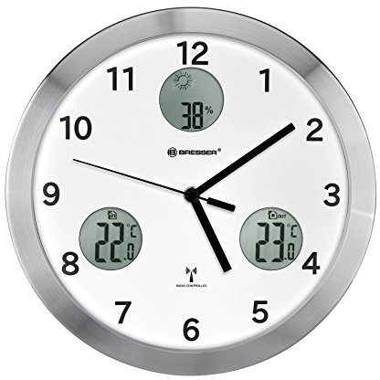Bresser Radiocrucho MyTime io, reloj de pared grande de 30 cm con radio silencioso con indicador de temperatura y humedad interior y exterior, incluye transmisor inalámbrico para exteriores, blanco