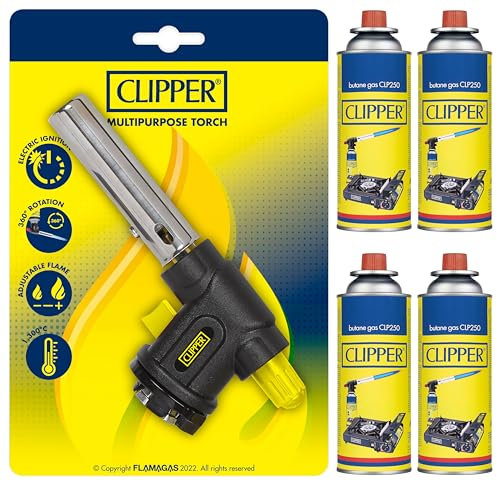 Clipper - Soplete Multiusos + Cartucho de 400ml de Gas Universal (4 uds) | Válvula GLP250 | Ideal para Flamear, Caramelizar y usar en Barbacoas | Cocina & Acampada