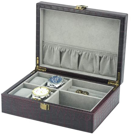 Decorebay Executive PU Crocodile Leather Watch Box, Cufflink, Ring Storage Jewelry Box Organizer for Men (Seal Brown)
