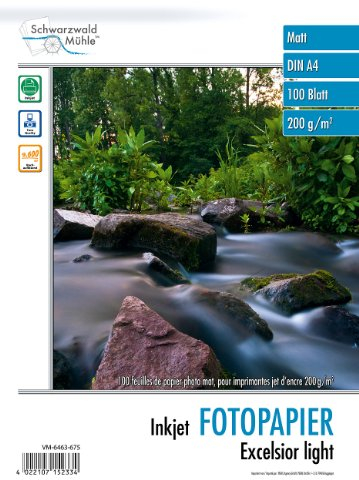 Schwarzwald Mühle Fotodruckpapier: 100 Bl. Fotopapier 'Excelsior' matt 200g/m² A4 (Inkjet-Fotopapier A4, Druckerpapier für Fotos, beidseitig)
