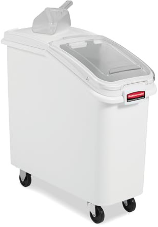 Rubbermaid Commercial Products ProSave Shelf-Storage Ingredient Bin With Scoop 400-Cup Capacity Plastic White Sliding Lid Container with Wheels for Kitchen/Restaurant/Food Organization