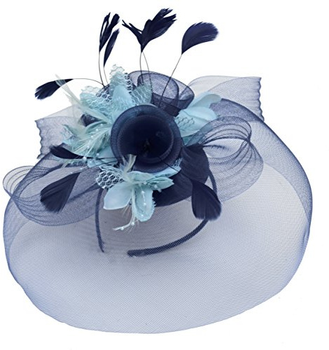 Fascinator con piume e fiori, con retina per capelli, per ascot, derby e corse nuziali, colore: blu navy e azzurro