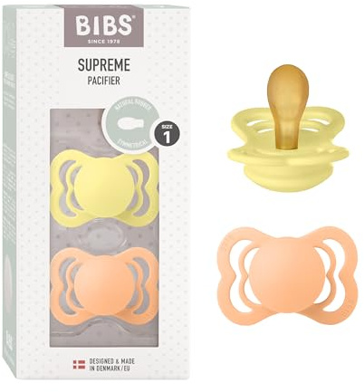 BIBS Supreme Soother 2-Pack, BPA Free Dummy Pacifier, Symmetrical Nipple. Natural Rubber Latex, Size 1 (0-6 Months), Sunshine/Peach Sunset