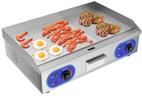 TAIMIKO Commercial Electric Griddle Stainless Steel Grill BBQ 73cm Large Hotplate,Double UK Plug,4400W Burger Bacon Kitchen Barbeque Countertop (2/3 Flat + 1/3 Groove)