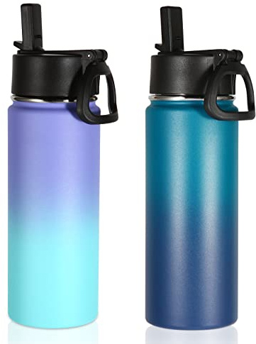 Volhoply 530ml/18oz Insulated Water Bottle 2 Pack, Multipack Kids Stainless Steel Water Bottles with Straw Lid,Double Wall Vacuum Sports Flask Keep Hot and Cold (Assorted,2 Pack)