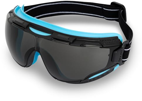DEX FIT Safety Goggles SG220, Wide-Vision Lab & Chemical Splash Eye Protection, Anti-Fog & Scratch Resistant, Soft Seal, Z87.1 Approved; Black/Blue, Smoke Tinted Lens, 19mm Strap, 1 PC