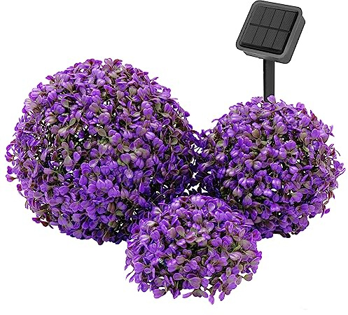 hvfun Purple Mini Artificial Boxwood Grass Hemispheres with Solar Lights (10-8-7 inches Dia)-Enhance Your Garden's Twilight Ambiance