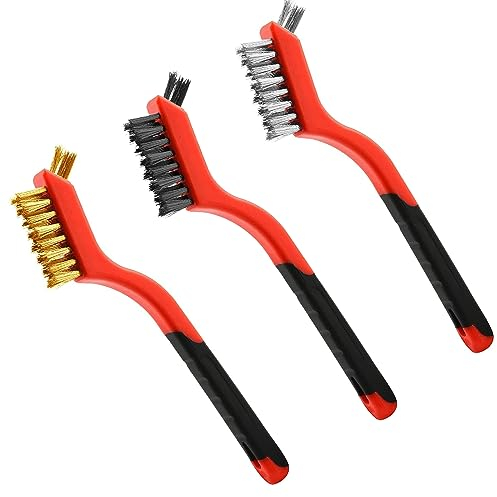 QHC sehen Wire Brush Set for Rust, Dirt & Paint Scrubbing with Deep Cleaning in Holes, 3pcs Brass/Stainless Steel/Nylon Brushes with Curved Handle Grip