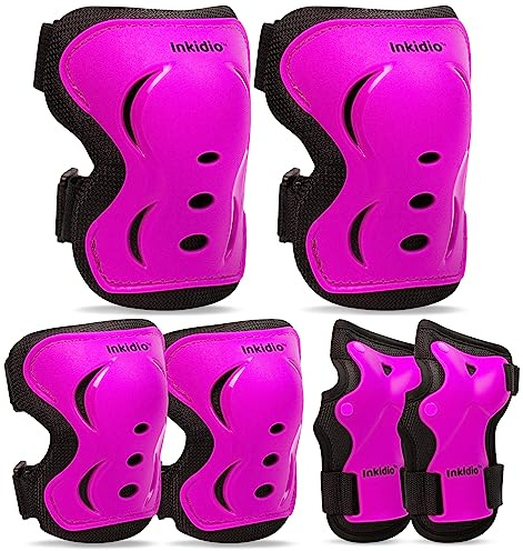 Inkidio Knee Pads for Kids Protective Gear Set with Knee Pads Elbow Pads and Wrist Guards Ideal for Girls Boys Skating Skateboard Scooter Bike (X-Small, Pink)