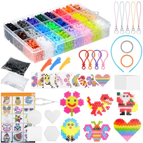 WuGU 6300 Stück Bügelperlen Set, 24 Farben Bügelperlen 5mm Nachfüllset Steckperlen, Komplette Bügel-perlen mit Bügelperlen Platten, DIY Bastelperlen Set Kinder, Geburtstag Geschenk für Kinder