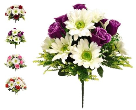 Mr. Barry's Rose & Gerbera Daisy Floral Bouquet (Purple & Ivory) | 32cm Artificial Flowers for Grave Memorials, Home Décor, Weddings, Indoor & Outdoor Displays UV Resistant