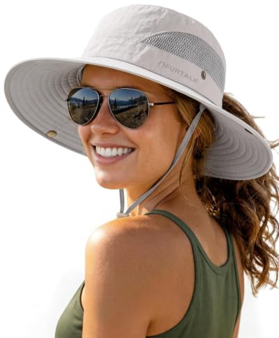 FURTALK Womens Sun Hat Beach Summer Wide Brim UPF 50+ Outdoor Protection Foldable Lightweight Ponytail Bucket Hat Light Grey, One Size
