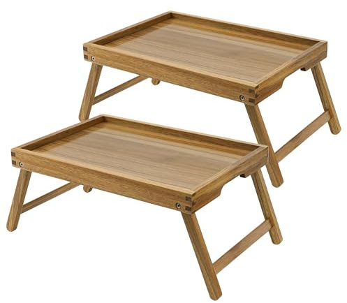 VaeFae Acacia Bed Table Tray, Wooden Breakfast Tray with Folding Legs, Bed Tray for Eating and Laptop, Eating Trays for Bedroom, (2 Pack)