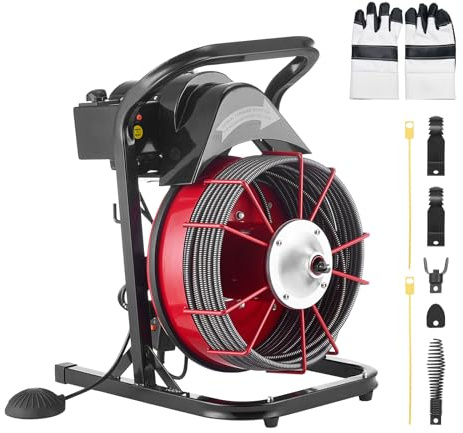 VEVOR Drain Cleaner Machine 75 FT x 3/8 Inch, Sewer Snake Auger Manual Feed with 4 Cutters & Air-activated Foot Switch for 2 to 4 Pipes