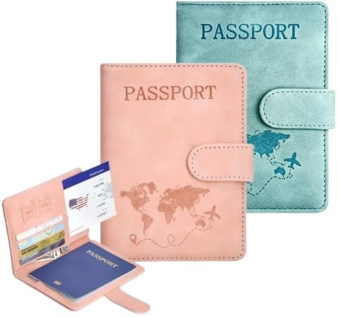 KAHZOR 2 Fundas para Pasaporte, Rosa y Azul Claro Passport Cover, Porta Pasaporte y Documentos para Tarjetas de Crédito, DNI y Funda Pasaporte Accesorio de Viaje/Regalo para Viajeros