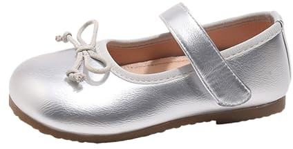 Generisch Zapatillas deportivas para niña Mary-Jane de plata metalizada con correa transversal - Zapatos casuales planos con material superior brillante y cierre de hebilla | Zapatos festivos diarios