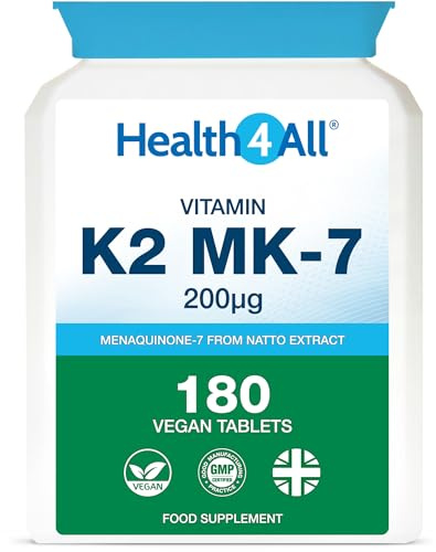 Health4All Natural Vitamin K2 MK7 200mcg from Natto, 180 Tablets 6 Months Supply, All-Trans MK-7 from Beans Fermentation, High Strength VitK2 Vitamin Supplement, Vegan Menaquinone | Made in UK