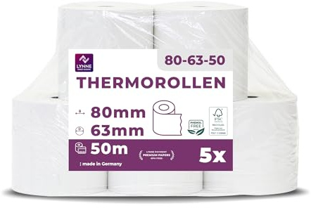 Termopappersrullar/kvittorullar/kassarullor 80mm x 50m x 12mm (80x63x12) för alla vanliga termopappers kassa-kvittoskrivare – BPA-fri