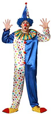 Atosa | Disfraz Payaso Circo Azul Multicolor Unisex | Mono Completo de Lunares con Gorro y Cuello Arcoíris | Perfecto para Hombre y Mujer en Carnaval, Halloween, Fiestas Temáticas y Cumpleaños | XL