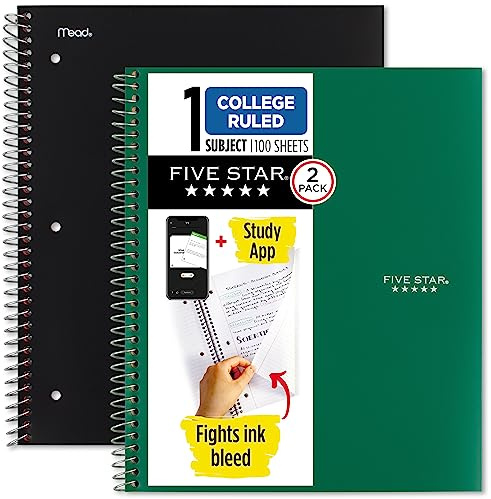 Five Star Spiral Notebook + Study App, 2 Pack, 1-Subject, College Ruled Paper, Fights Ink Bleed, Water Resistant Cover, 8-1/2 x 11, 100 Sheets, Black, Green (820187)