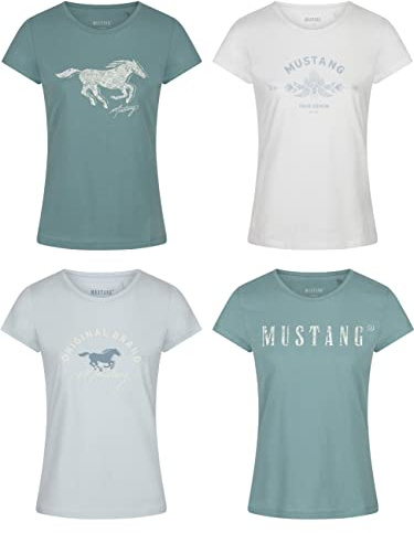 MUSTANG Damen T-Shirt 4er Pack Slim Fit Rundhals O-Neck Basic Kurzarm Logo Print Sommer Shirt 100% Baumwolle Weiß Blau Grün Rot S M L XL XXL, Größe:S, Farbe:Farbmix 2