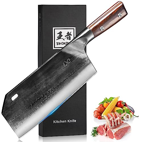 ENOKING Couteau Cuisine Couteau de Chef Professionnel, 20.5cm Lame Couperet Couteau Forgé à la Main, Couteau du Chef Chinois, Haute Qualité Couteaux Cuisine Adapté aux Fruits, Légumes et Viande