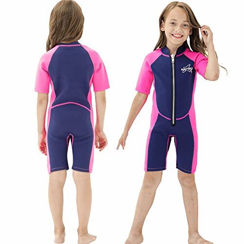 NATYFLY Kids Shorty Neoprenanzug 2.5mm Kinder Neopren Thermal Badeanzug UV-Schutz Badeanzüge für Mädchen Jungen One Piece WetSuits (Rosa, 6 Jahre)