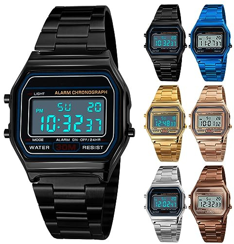 Yuehuamech Herren- Digital- Quarz- Uhr, Luxus- Business- Armbanduhr 30M Elektronischer Chronograph wasserdichte Digitaluhr Sportuhr mit Edelstahlarmband LED- Hintergrundbeleuchtung
