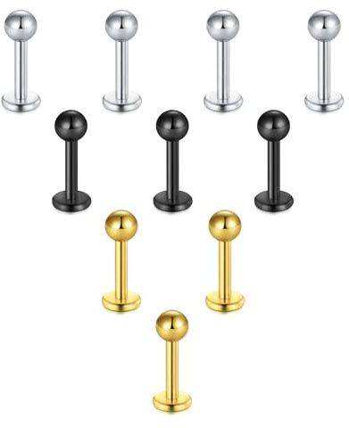 Briana Williams 10pcs 1.2mm 316L Acero Inoxidable Labret Labio Piercing Tragus Helix cartílago Pendiente Barbell Stud,Negro Oro 6mm Longitud de la Barra