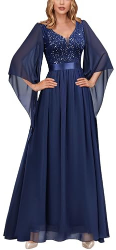 MIUSOL Women's Elegant Sequin Insert Lace Sheer Chiffon Deep V Neck Flare Sleeve Evening Prom Formal Long Dress (X-Large, Navy Blue)