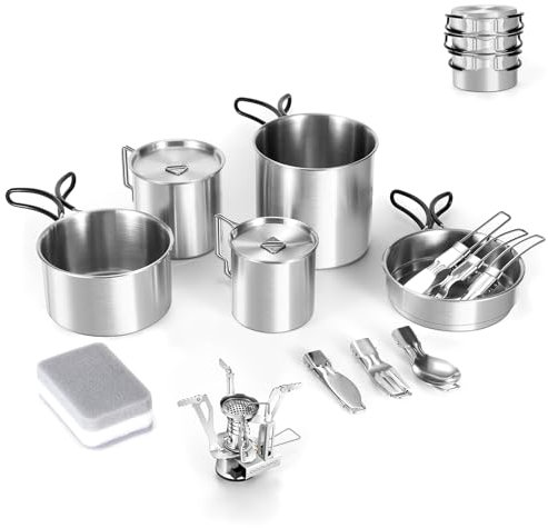 Odoland Set da 13 pentole e padelle in acciaio inox da campeggio, con tazze e fornelli in acciaio inox, per campeggio, escursioni, cucina all'aperto e picnic