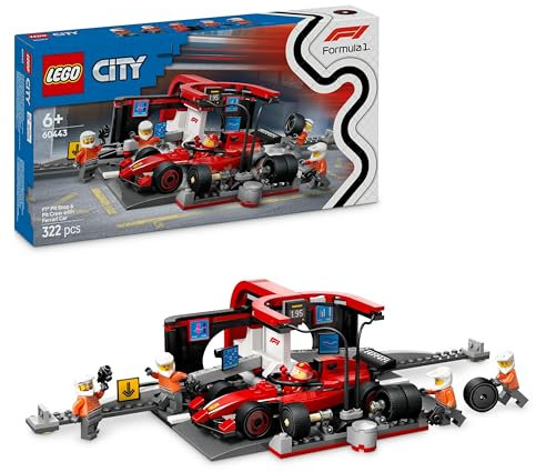 LEGO City F1 Pit Stop & Pit Crew with Ferrari Car Toy - Formula 1 Set incl. a Driver Minifigure, 4 Mechanics, Spare Tyres & Wheel Guns - Building Toys for 6+ Year Old Boys & Girls - 60443