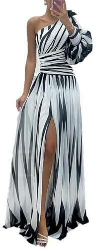 Vestido largo de gasa con un hombro descubierto y manga larga abombada para mujer, vestido largo de flores 3D con abertura alta, vestido de fiesta de boda