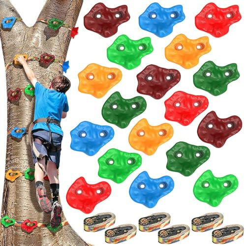 BeneLabel Klettersteine für Kinder, 18pcs Baum Klettergriffe Wand Henkel Bouldergriffe Erwachsene Große Bunte Bouldersteine mit 6 Ratschengurte für Kletterwand Klettergarten Baumhaus Spielplatz Ninja