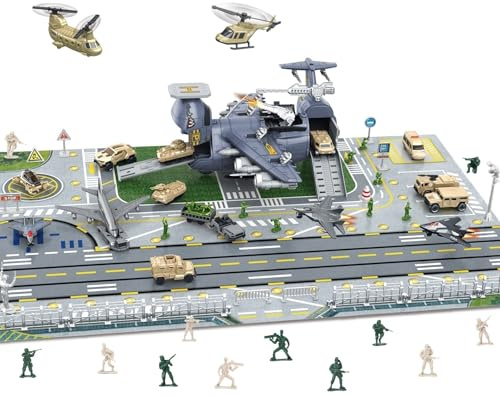 Boderam Transport militaire cargaison avion voiture jouet avec véhicule soldat hélicoptère combat modèle jouet avec figurines, mini véhicule de combat armée hommes base carte de jeu pour enfants âgés