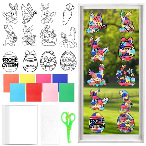 GTJEOI Basteln Frühling Ostern Kinder, 12 Stück Fensterbilder Ostern Bastelset mit Schmetterling Blume Ostereier Hasen, Fenster Dekoration mit Buntglas-Effekt, DIY Oster Geschenk für Kinder
