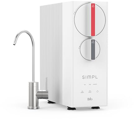 Brio SIMPL Sistema de ósmosis inversa sin tanque de 4 etapas para debajo del fregadero, 800 GPD, caudal de 2 LPM, pura-drenaje 2:1, filtros, grifo y kit de instalación incluidos