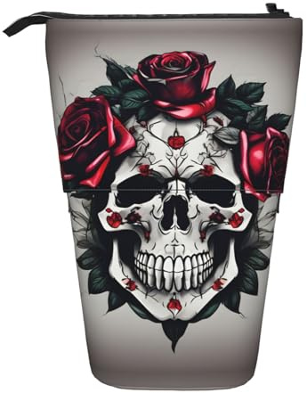 SDEGTHO Red Rose Skull Cute Telescopic Pencil Case,Students Pen Holder,Stationery Storage for School College Supplies