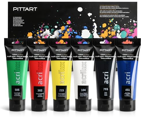Pryma Colori Acrilici 75 ml – Set 6 Pezzi – Alta Coprenza, Versatili per Tela, Carta, Legno e Fai da Te (Bianco Titanio, Giallo Limone, Verde Medio, Blu Ftalo, Rosso Scarlatto, Nero, 75 ml x 6)