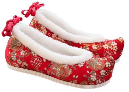 TEHAUX Scarpe Hanfu Ricamate da Donna in Stoffa Tacchi Nascosto, Scarpe Piatte Eleganti in Stile Etnico Cinese, Comode e Leggere per Abbigliamento Tradizionale e Occasioni Speciali, Taglia 38 Rosso