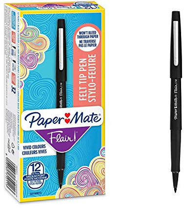 Paper Mate Flair Stylos feutres | Feutres de coloriage sans fuite à pointe moyenne (0,7 mm) | Encre noire | Idéal pour écrire, scrapbooking, dessiner, etc. | Boîte de 12