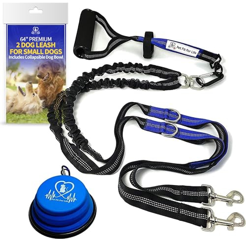 Pet Fit For Life 64 Double Dog Leash – Premium Dual Leash for Two Dogs w/Shock-Absorbing Bungee | Durable Soft Foam Handle for Comfort & Control | Includes Bonus Collapsible Travel Water Bowl