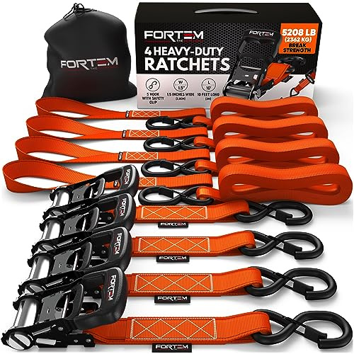 FORTEM Ratchet Straps - Tie Down Strap Set, (4) Pack, 2362kg Break Strength | Heavy Duty Motorcycle Straps, Cam Buckles for Trucks, 3M x 3.8CM, (4) Soft Loops, Safety Lock S Hooks, Carry Bag, Orange