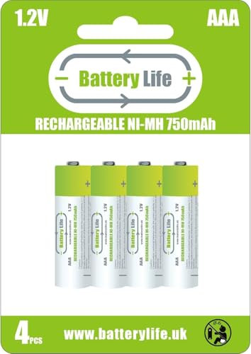 Battery Life AAA Rechargeable Batteries (4 pack) 750mAh Ni-MH 1.2v Household UK Brand
