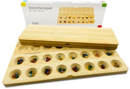 GICO Steinchenspiel Hus Bao Mancala groß aus Holz mit Edelsteinen. Das Strategiespiel für Jung und Alt bekannt aus dem Kindergarten - 7953
