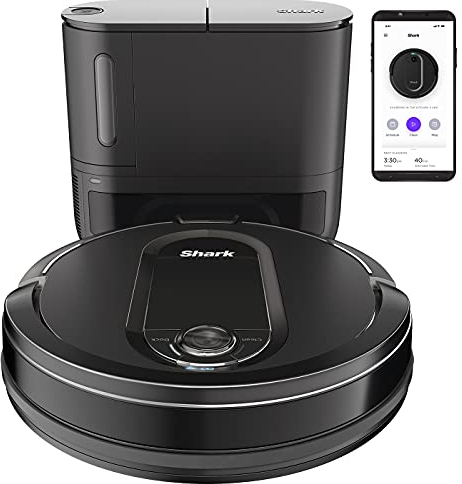 Shark IQ Saugroboter, selbstentleerender Staubsauger-Roboter mit Anti Hair Wrap, Teppich und Hartboden, Roboterstaubsauger, 90 Min Laufzeit, manuelle und App-Steuerung, Schwarz, RV1000SEU