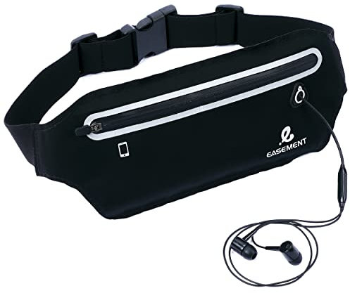 Easement Running Belt with Adjustable Elastic Waist Strap, Zipper and Headphone Hole – Waterproof, Soft Running Fanny Pack and Pouch Belt – Perfect for Sports and Outdoors Activities Jet Black