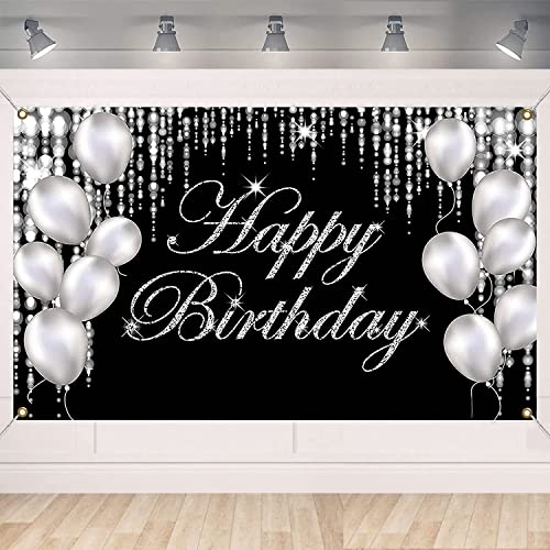 Happy Birthday Geburtstagsbanner Schwarz Silber, 180 x 110cm Happy Birthday Hintergrund Banner, Große Geburtstag Banner Zeichen Poster für Jungen Mädchen Party Deko